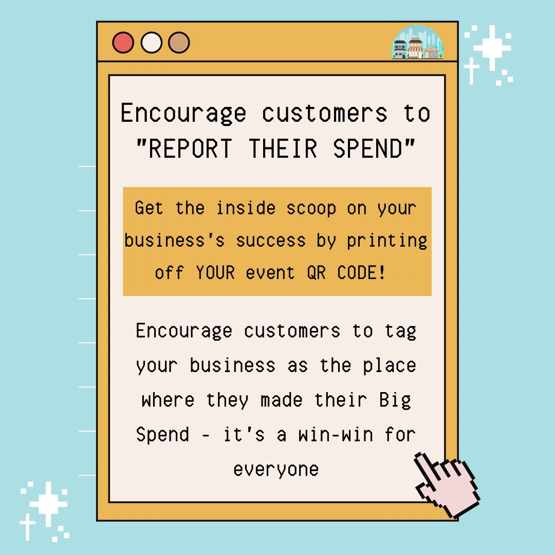 TheBigSpend's tweet photo. Encourage customers to report their spending: Help us track our impact on the Canadian economy by encouraging Spenders to report their Spend. By printing off your event QR code, customers can scan and report their Spend straight from your store.
#shopsmall #supportlocal https://t.co/bDEo6YdBBW