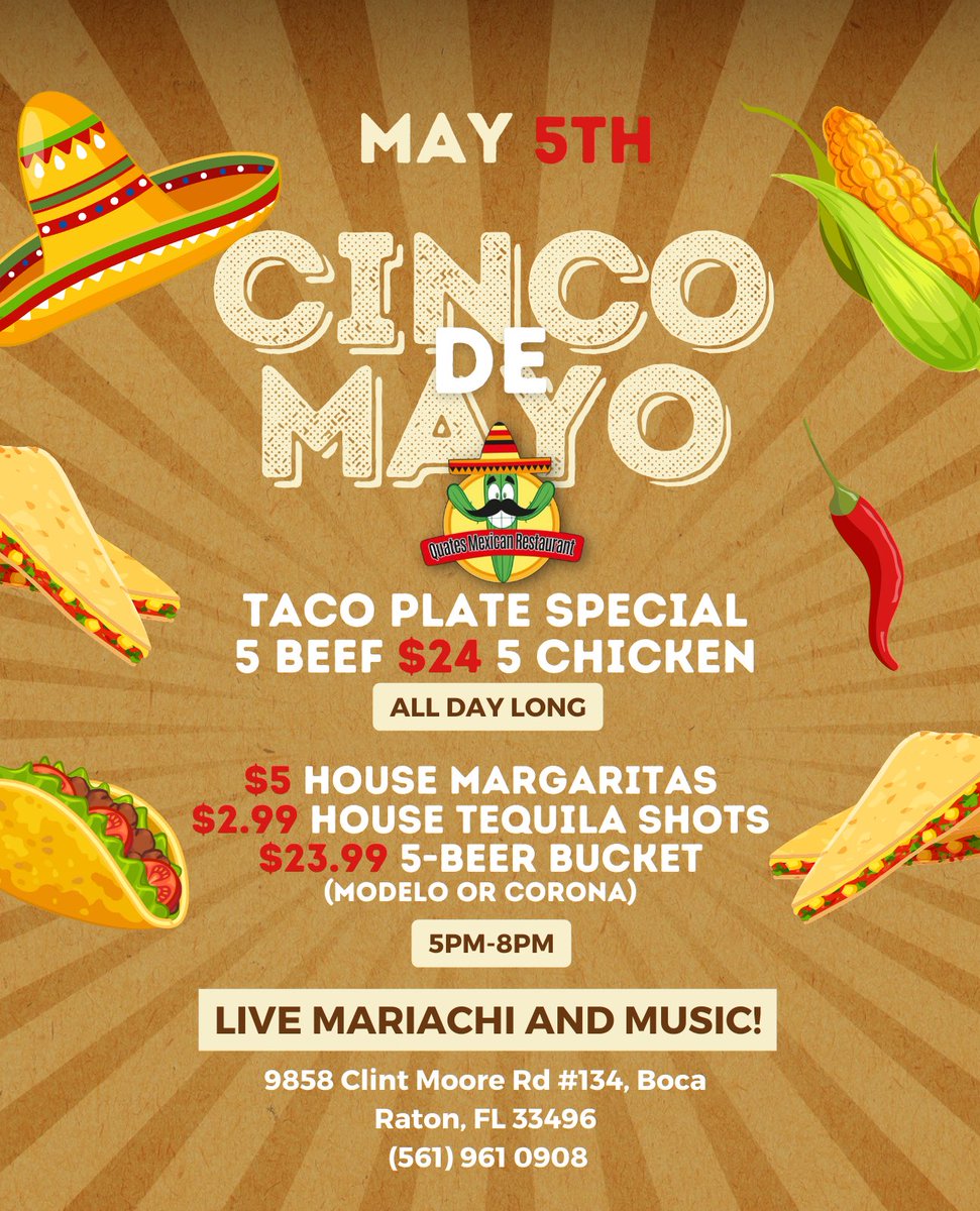 MexicanQuates's tweet photo. Spice up vour Cinco de Mavo celebrations with us at the Quates Mexican Restaurant. Join us on May 5th for an unforgettable fiesta filled with mouthwatering tacos, refreshing drinks, and the vibrant beats of our live mariachi band. 🌮🍹🎶🇲🇽 https://t.co/FaBO0YfaQj