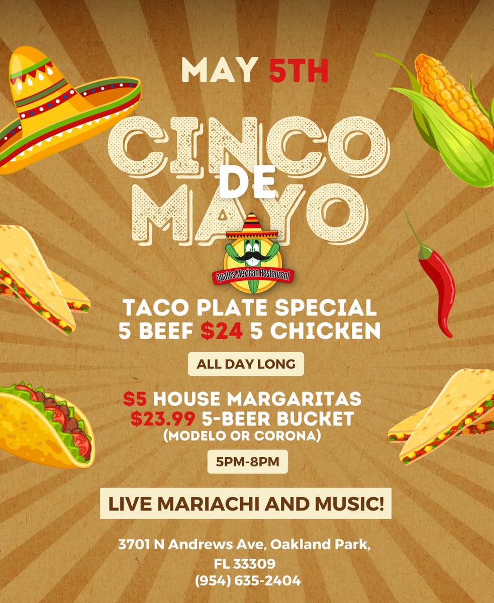MexicanQuates's tweet photo. Spice up vour Cinco de Mavo celebrations with us at the Quates Mexican Restaurant. Join us on May 5th for an unforgettable fiesta filled with mouthwatering tacos, refreshing drinks, and the vibrant beats of our live mariachi band. 🌮🍹🎶🇲🇽 https://t.co/FaBO0YfaQj