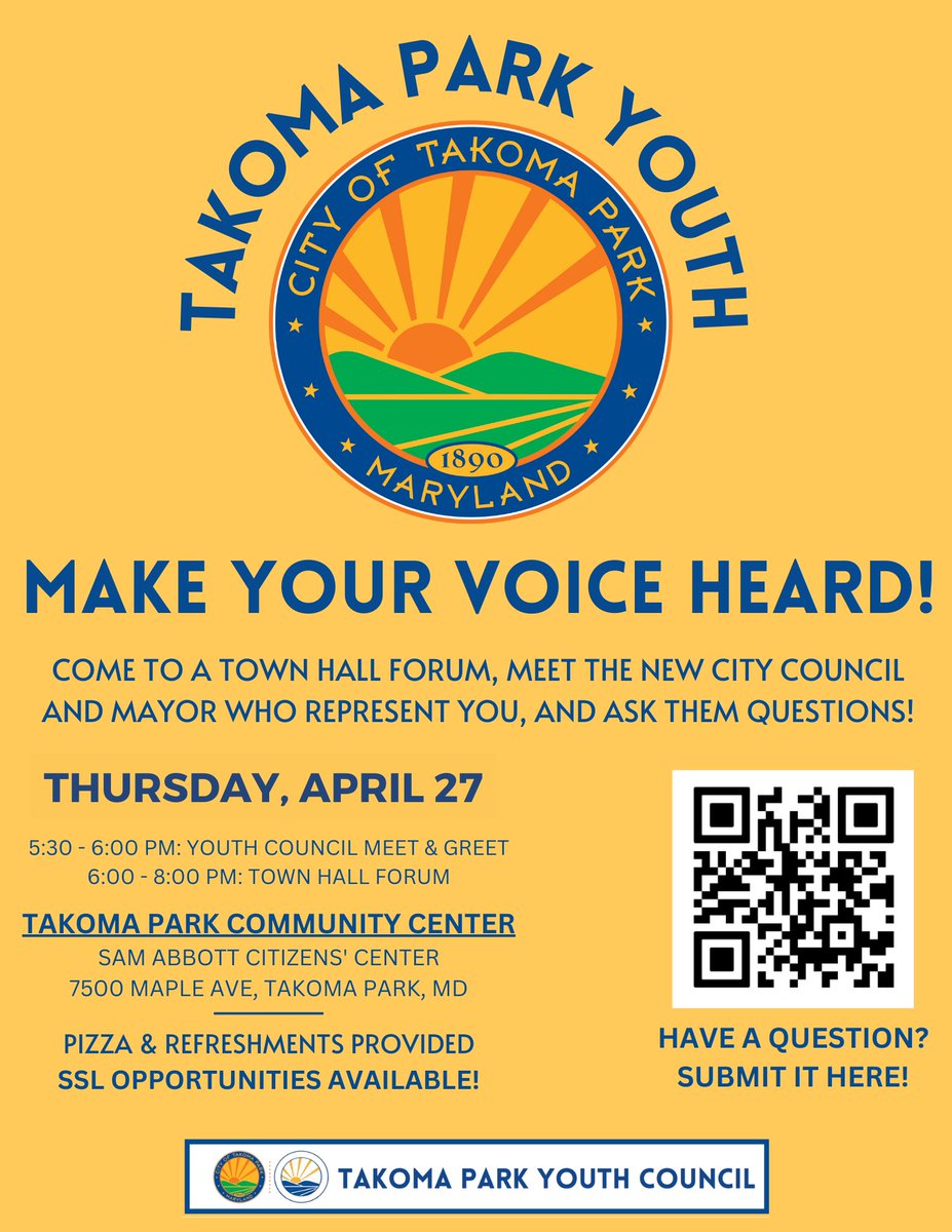 Today is the day! Takoma Park Youth Forum presented by the Takoma Park Youth Council! Teens, we hope to see you there!