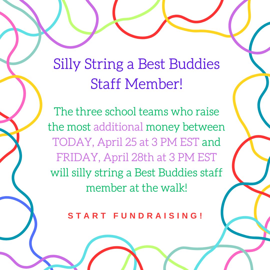 Calling all school teams! 📣

Ever felt the urge to silly-string a Best Buddies staff member? The three school teams who raise the most ADDITIONAL money for the Friendship Walk between today at 3 PM EST and Friday at 3 PM EST will have the opportunity to! (1/3)