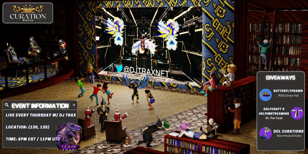 DCLCurations's tweet photo. Join us this Thursday for Week 2 at the #CurationStation 📚with live performance by @DJTRAXNFT🔥 

This weeks giveaways include:
@ButterflyPrawn Straw Hat
@GolfcraftGame x @helpimstreaming Dr. Par Coat
And my own Wormhole emote by @dapp_craft!

Like, RT, and Follow for a chance to win!

Winner's announced during event
https://t.co/YCwbRLrboc