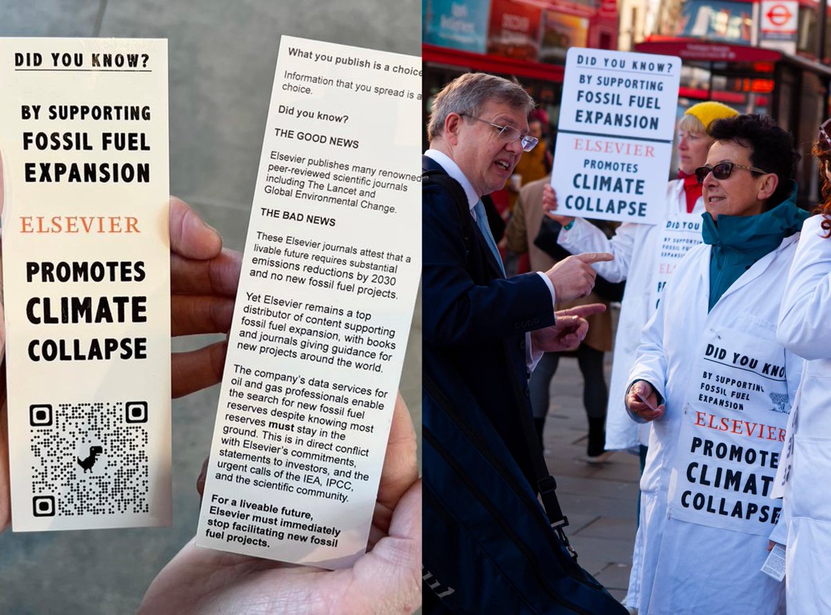 Today @scientistsX were in front of Elsevier’s offices (Health &amp; Science publisher) in solidarity with <a href="/UCSUSA/">Union of Concerned Scientists</a> &amp; <a href="/ResponsibleSci/">Scientists for Global Responsibility</a>‘s petition  tinyurl.com/4n6h7jkn
We were reminded by one of their top executives of a few points for consideration. See 🧵below