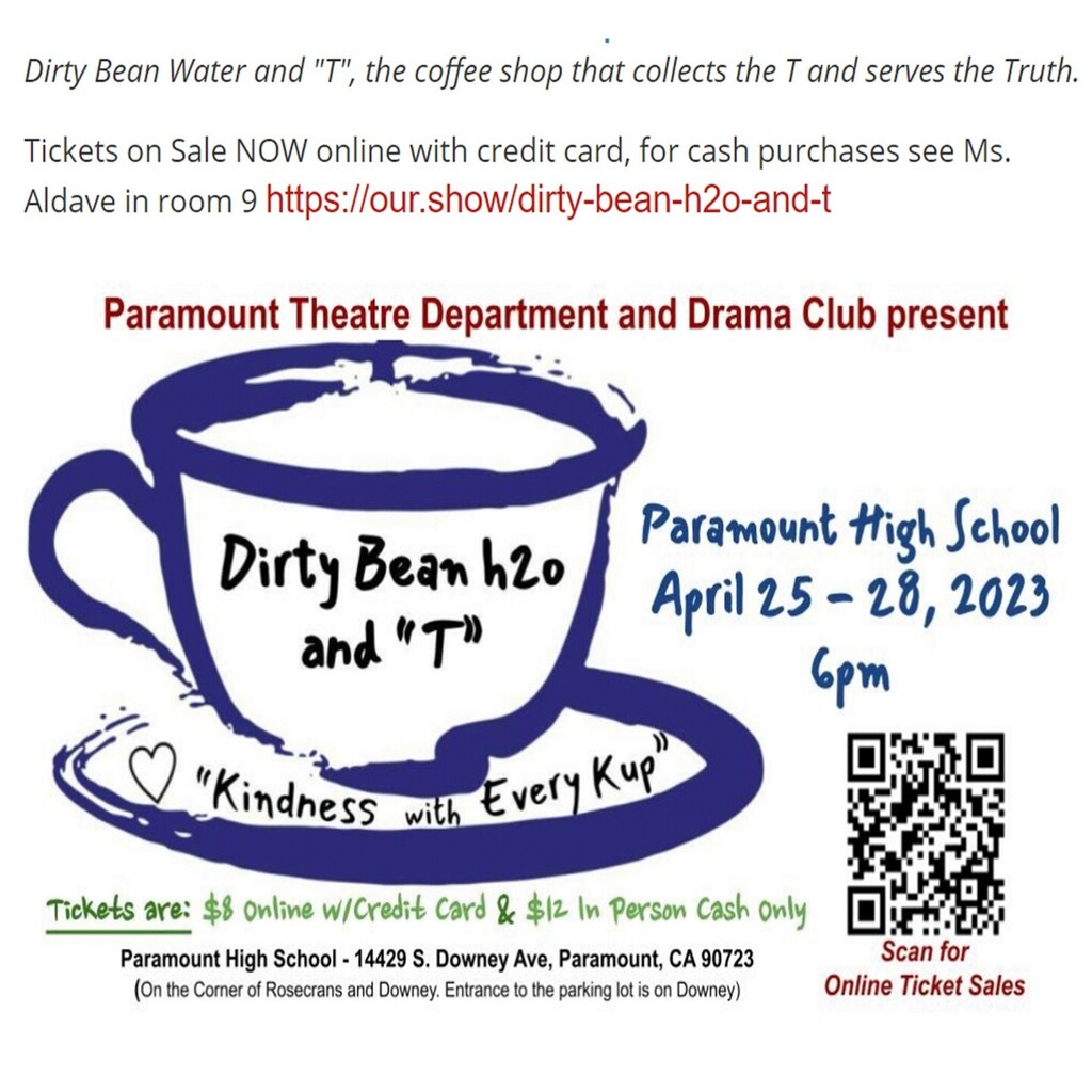 ParamountSenior's tweet photo. Tonight is OPENING NIGHT! Come out and see the latest production by the Theatre and Drama Department, "Dirty Bean h20 and T", This week only, April 25th-28th. Purchase tickets online for $8 or in person for $12.

https://t.co/TvMCTrSGhf https://t.co/Vauf3ntUkf https://t.co/ZygCOPM0Ca
