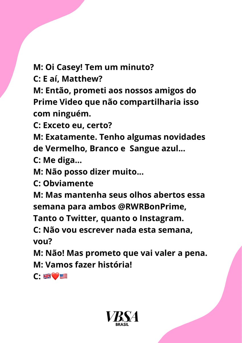 vbsabrasiI's tweet photo. VEM HISTÓRIA POR AÍ!! 🇬🇧❤️🇺🇸

Traduzimos para PT-BR o anúncio que o diretor da adaptação de Vermelho, Branco &amp; Sangue Azul, Matthew Lopez e nossa autora Casey McQuiston postaram em seus instagrams hoje nos avisando sobre uma novidade que está por vir esta semana… https://t.co/vDI0JWVZe2