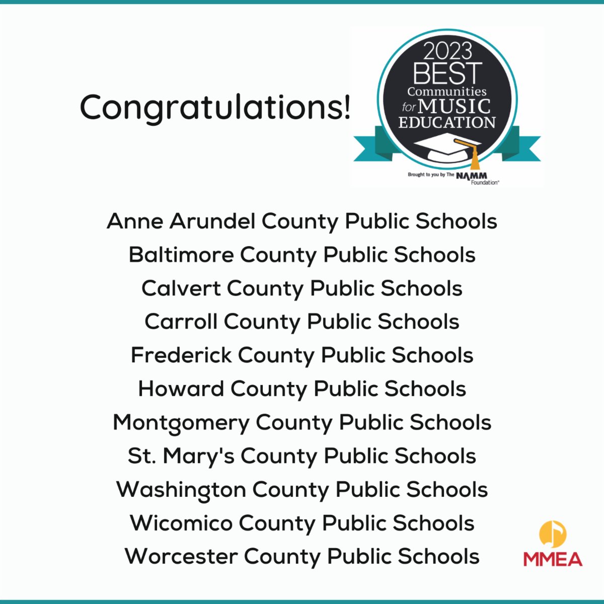 marylandmued's tweet photo. Congratulations to the Maryland school districts named 2023 Best Communities for Music Education by the NAMM Foundation!
Click here for more info: https://t.co/tk2ueNp3YE
.
.
#mdmusiced #musiceducation #nammfoundation https://t.co/pQVYe4SMFr