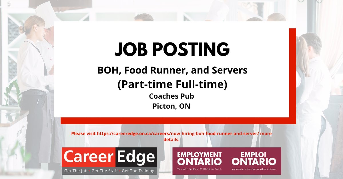 Coaches Pub is looking to hire part-time &amp; full-time BOH, Food Runner, and Servers to join their team.
Consider this posting today!
For more information please see the link below:
careeredge.on.ca/.../now-hiring…
#CareerEdge #gettheedge #getthejob #getthestaff #getthetraining