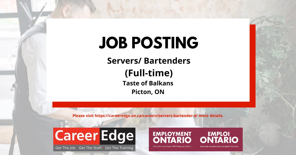 Taste of Balkans is looking to hire full-time Servers/Bartenders to join their team.
Consider this posting today!
For more information please see the link below:
careeredge.on.ca/careers/server…
#CareerEdge #gettheedge #getthejob #getthestaff #getthetraining