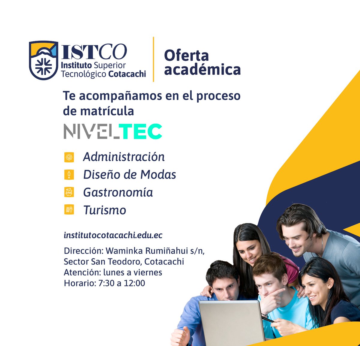¡Únete a nuestras carreras!
Requisitos:
✅ Registro Nacional
✅ Certificado de haber rendido el Examen de Acceso a la Educación Superior - reprogramación o contar con el puntaje habilitado

 Acércate a nuestras instalaciones 
📍Cotacachi: Waminka Rumiñahui, sector San Teodoro