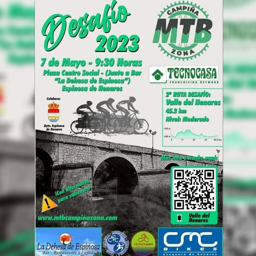 🚵‍♀️ 2 Ruta del Desafío Campiña MTB Zona 2023 

 🚴‍♀️El próximo domingo 7 de Mayo se celebrara la segunda prueba del Desafío Campiña MTB Zona 2023. 
 🏁La salida será desde la Plaza del Centro Social de Espinosa de Henares a las 9:30 horas y se recorrerán… instagr.am/p/Crd9Q58MgJ6/