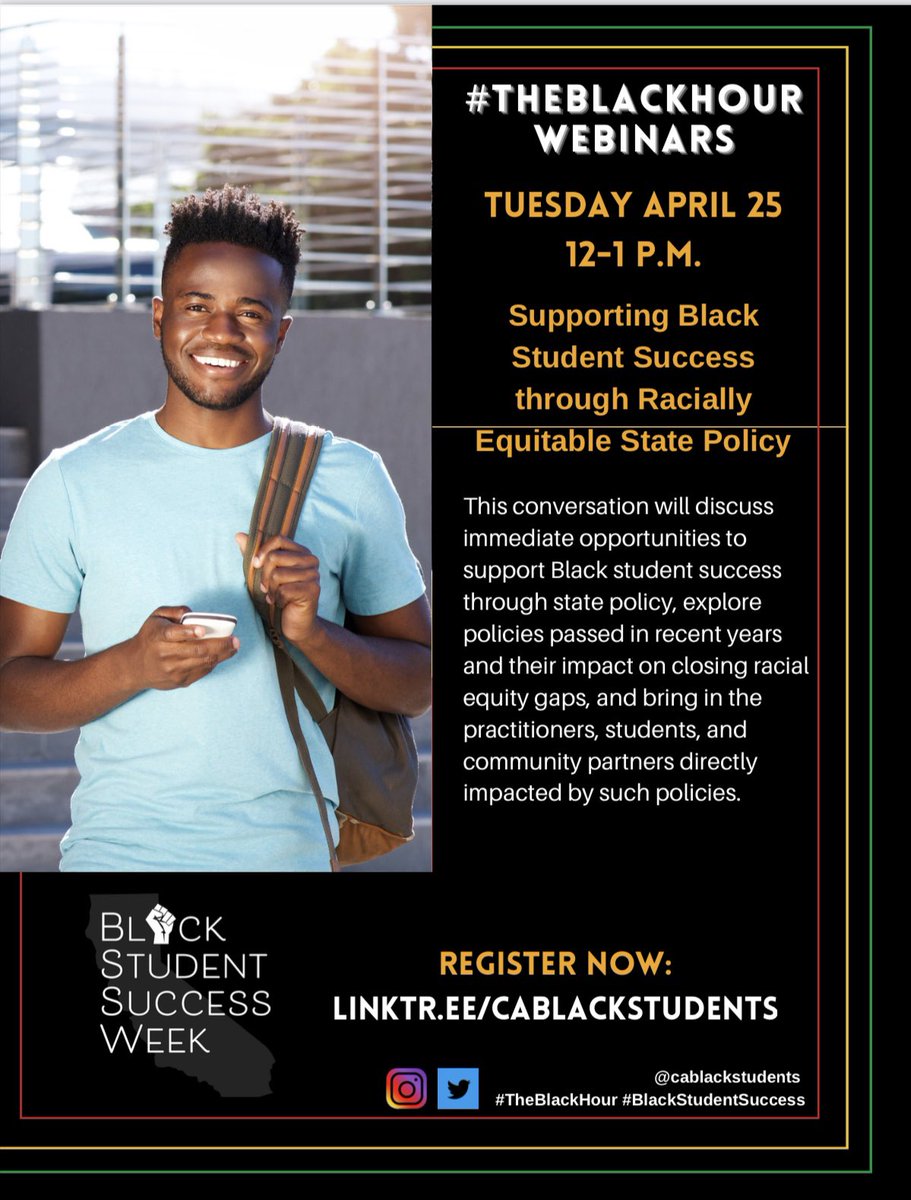 cablackstudents's tweet photo. In 30 minutes! Join us for our next webinar "Supporting Black Student Success through Racially Equitable State Policy" / #TheBLACKHour #BlackStudentSuccessWeek You can still register here: https://t.co/KfnUAfi5jt https://t.co/TnKUIetoJP