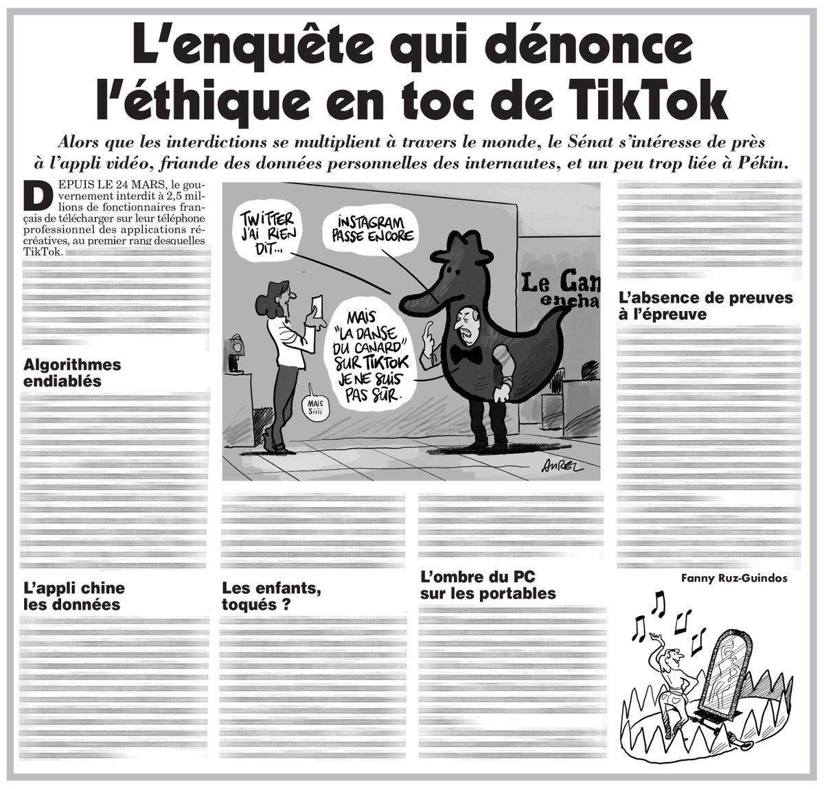 canardenchaine's tweet photo. Données personnelles collectées à tire-larigot, algorithme diabolique, contenus ultra addictifs pour les jeunes… #TikTok se fait démonter par la commission d’enquête ouverte au Sénat.

➡️ https://t.co/Tpwe6OCaMI
✏️ Aurel / @Coolstand https://t.co/ZB5RVX43jA