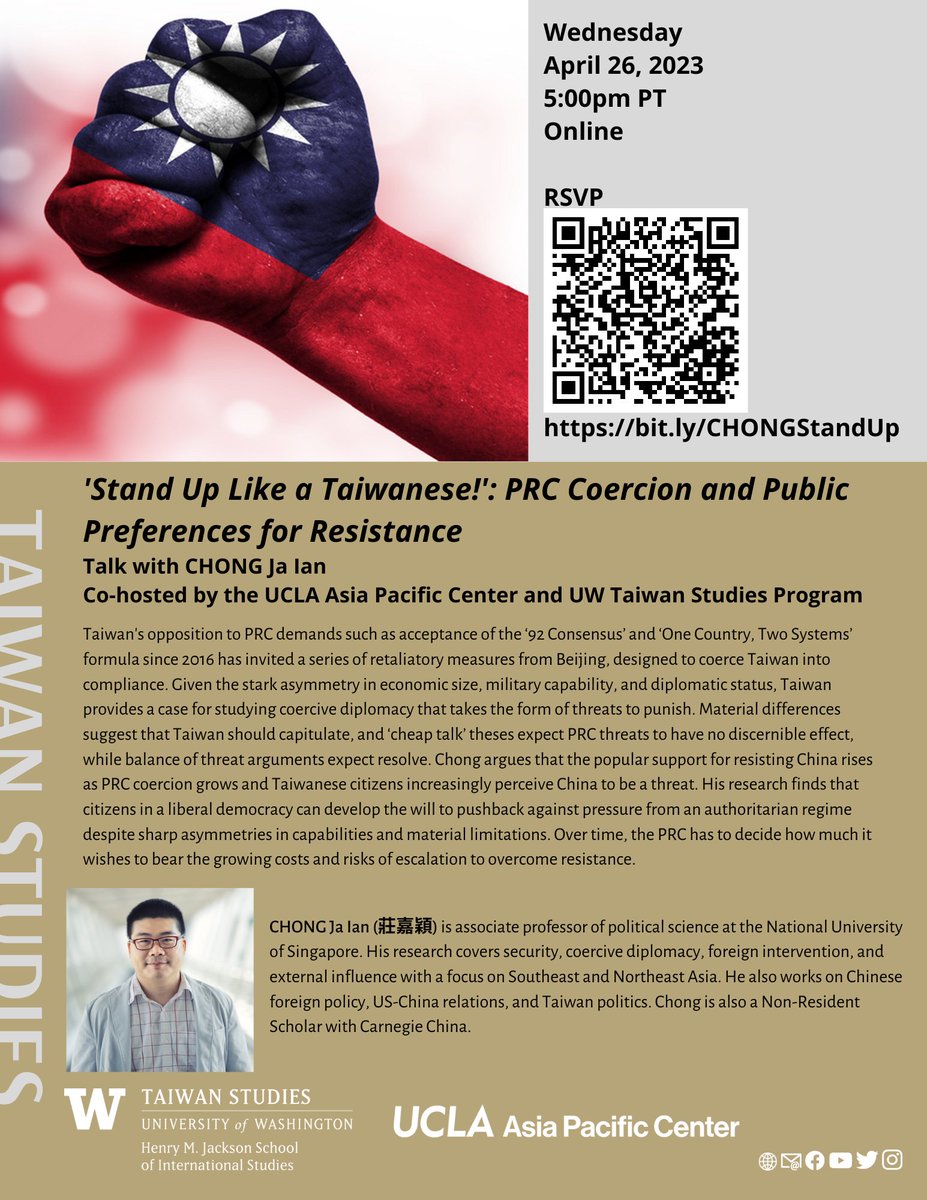 TOMORROW at 5:00 p.m. PT, UCLA’s Asia Pacific Center and UW’s Taiwan Studies Program will welcome Prof. CHONG Ja Ian to discuss his new work, ‘Stand up Like a Taiwanese!’. 

Visit our Eventbrite page to register: bit.ly/CHONGStandUp.

#taiwanstudies