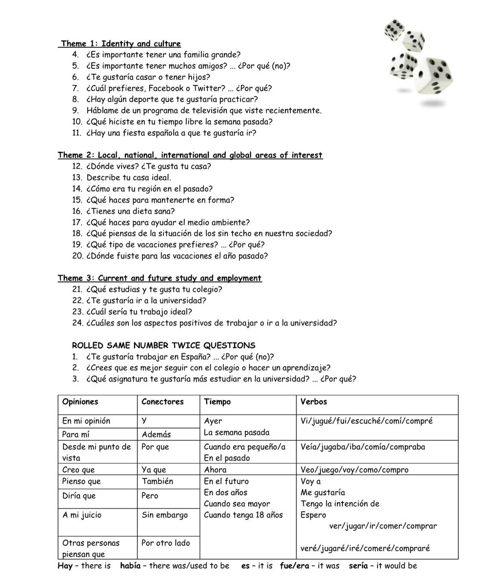 best_lssn_ever's tweet photo. ๐ช๐ธSpanish General Conversation speaking questions! Roll 4 dice, add up the numbers, answer the relevant question ๐ฃ๐ฌ #spanishteacher #aqa #spanishspeaking #gcse #speakspanish #mfl #mflteacher #mflchat #speakingexam #funlesson #mfltwitterati https://t.co/ryeVpdbMZQ