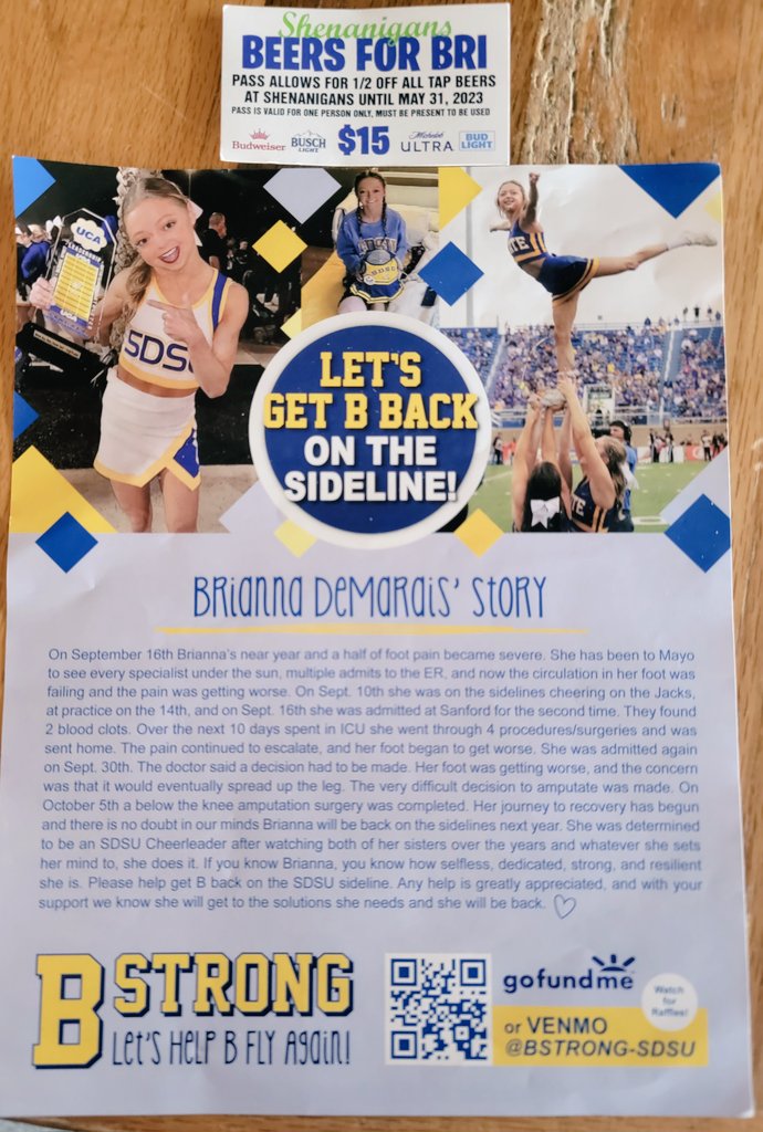 Today we kick off a fundraiser for Brianna Demarais. Purchase a $15 Beer Pass and receive HALF PRICE Tap Beer until June 1st! 

ALL $15 WILL GO DIRECTLY TO BRI!! 

If you're interested in donating, but can't buy the pass, scan the QR Code or VENMO! 
#BStrong #GoJacks #BeersForBri