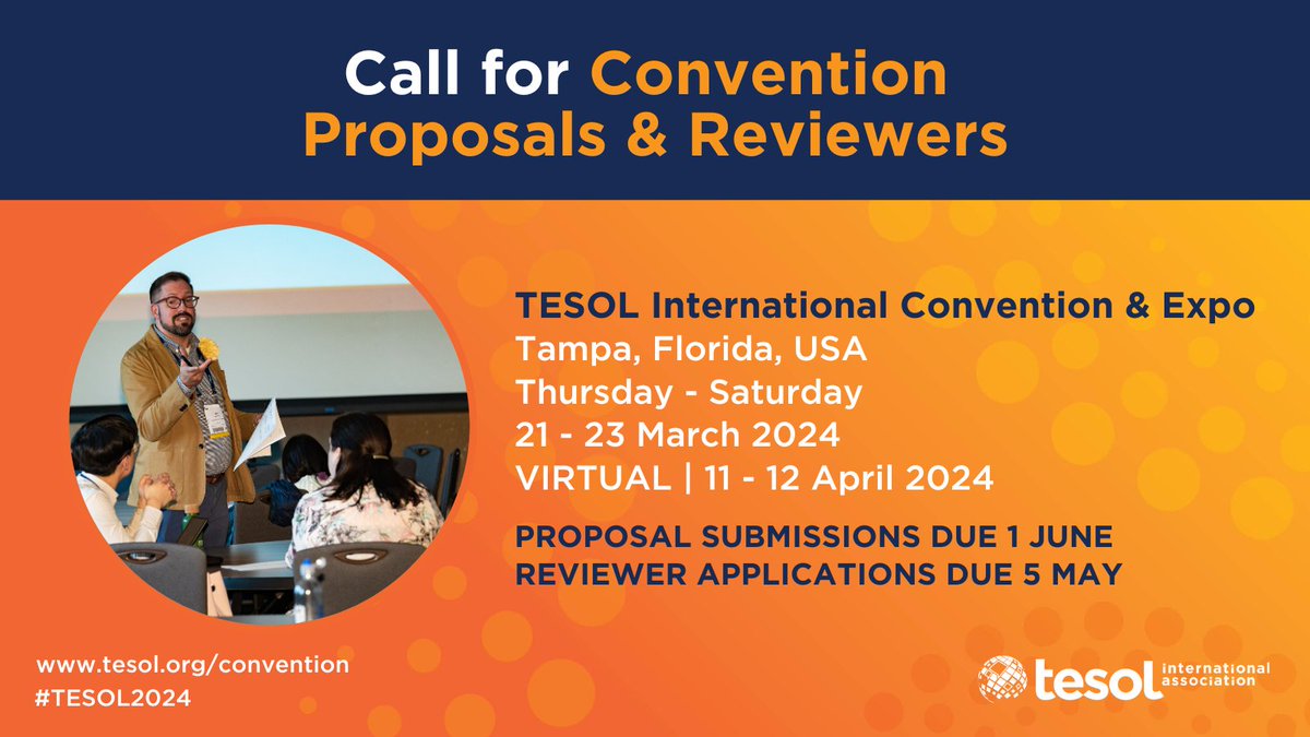 It's time to start working on your #TESOL2024 proposal to present in Tampa, Florida, USA, or virtually! Proposal submissions are due 1 June 2023 and reviewer applications are due 5 May 2023. Learn more at buff.ly/40EP90B! #TESOL #TESL #TESL #ELT