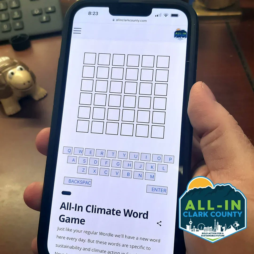 ClarkCountyDES's tweet photo. Did you do today’s #Wordle yet? Try your hand at #AllinClarkCounty Wordle! Same rules apply, but sustainability themed for #AllinApril. New word every day. Think you're up for the challenge? Check it out now! ▶️ https://t.co/d8M3lS1EZ5 https://t.co/5NyFHR4YiH