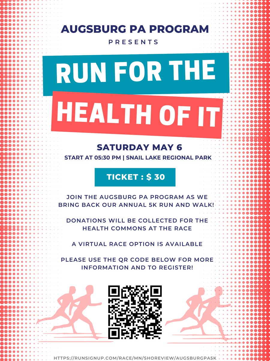 Come join us as we raise funds for the Student Society and raise donations to the Health Commons!

Can't run? Walk with us on May 6th at 5:30pm 
runsignup.com/Race/MN/Shorev…