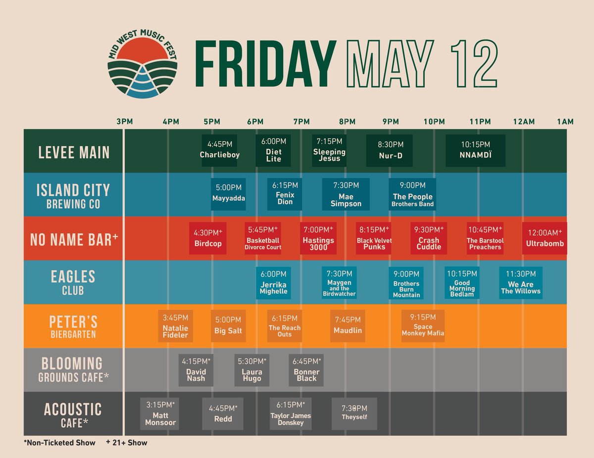 This @MWMusicFest schedule goes hard. Bopping with Charlieboy, @DietLiteMusic @NurDRocks and @NnamdisWorld