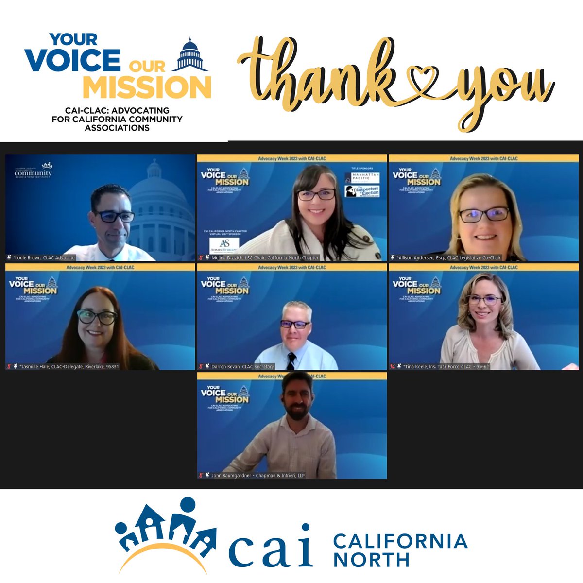 We 💙 &amp; support our HOAs through Advocacy! Thank you so much to our volunteers representing the Chapter this morning at the <a href="/CAICLAC/">CAI-CLAC</a> Advocacy Week session! Our group spoke with four different representatives from multiple districts regarding AB 572, AB 648, AB 1458 &amp; insurance.