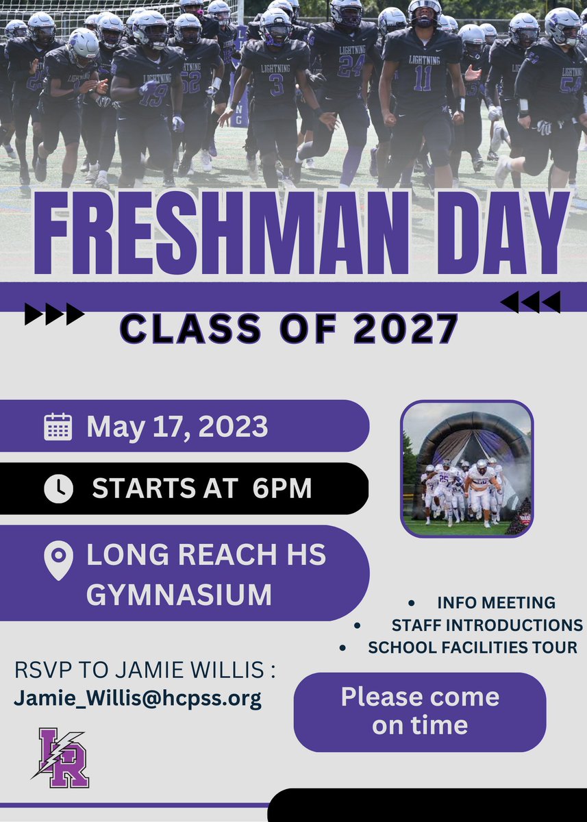 Long Reach HS Football (@long_reachfb) on Twitter photo C/O of "27" come learn about the Lightning "Football" program on 5/17th. Please RSVP HC Jamie Willis at jamie_willis@hcpss.org
<a href="/hcpss_mwms/">Mayfield Woods MS</a> <a href="/hcpss_bbms/">Bonnie Branch MS</a> <a href="/hcpss_elms/">Elkridge Landing MS</a> C/O of "27" come learn about the Lightning "Football" program on 5/17th. Please RSVP HC Jamie Willis at jamie_willis@hcpss.org
<a href="/hcpss_mwms/">Mayfield Woods MS</a> <a href="/hcpss_bbms/">Bonnie Branch MS</a> <a href="/hcpss_elms/">Elkridge Landing MS</a>