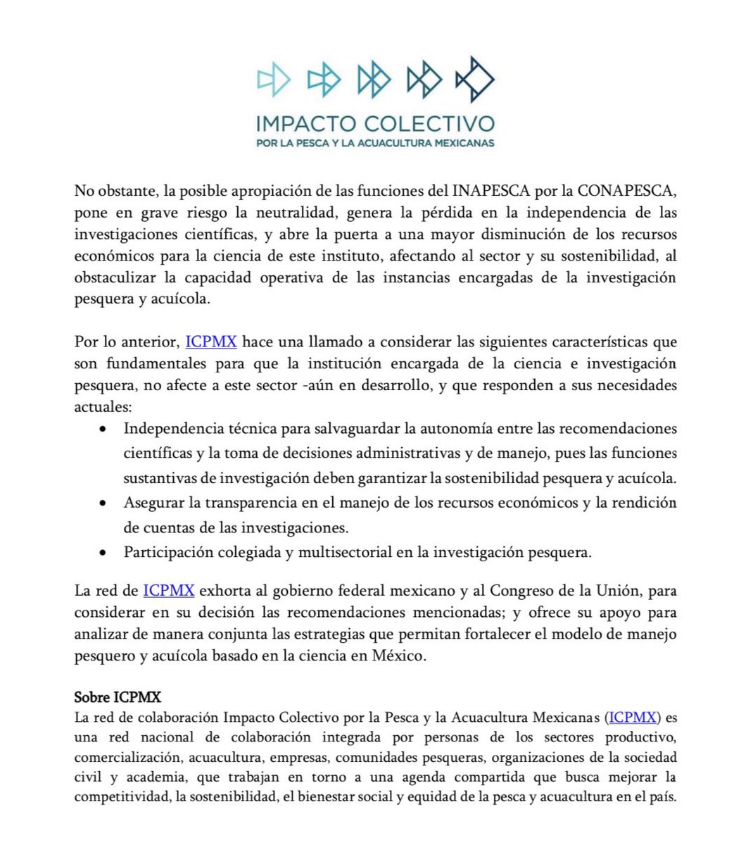 La posible integración de las facultades del @INAPESCAmx a la <a href="/Conapesca/">Conapesca</a>, pone en riesgo el salvaguardo de la neutralidad e independencia de la #ciencia, y por tanto la #sostenibilidad pesquera y acuícola.
#Comunicado
<a href="/TaniaCruz_D11/">Tania Cruz Santos</a>
<a href="/alvarez_ivonne/">Ivonne Alvarez</a>
<a href="/Med_AlmaguerP/">Guadalupe Almaguer Pardo</a> 
<a href="/MiguelChicoOfl/">Miguel Ángel Chico Herrera</a>