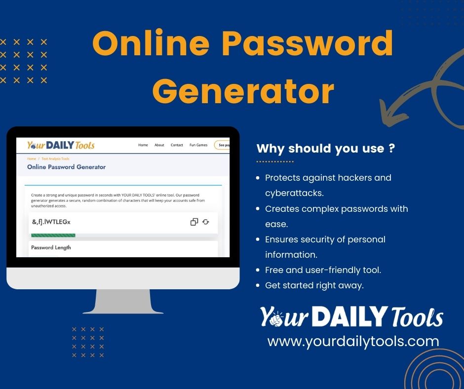 YourDailyTools's tweet image. yourdailytools.com/password-gener…
Our Online Password Generator can help! With just a few clicks, you can create strong, randomized passwords that are virtually impossible to crack. #OnlinePasswordGenerator #SecurePasswords #ProtectYourData