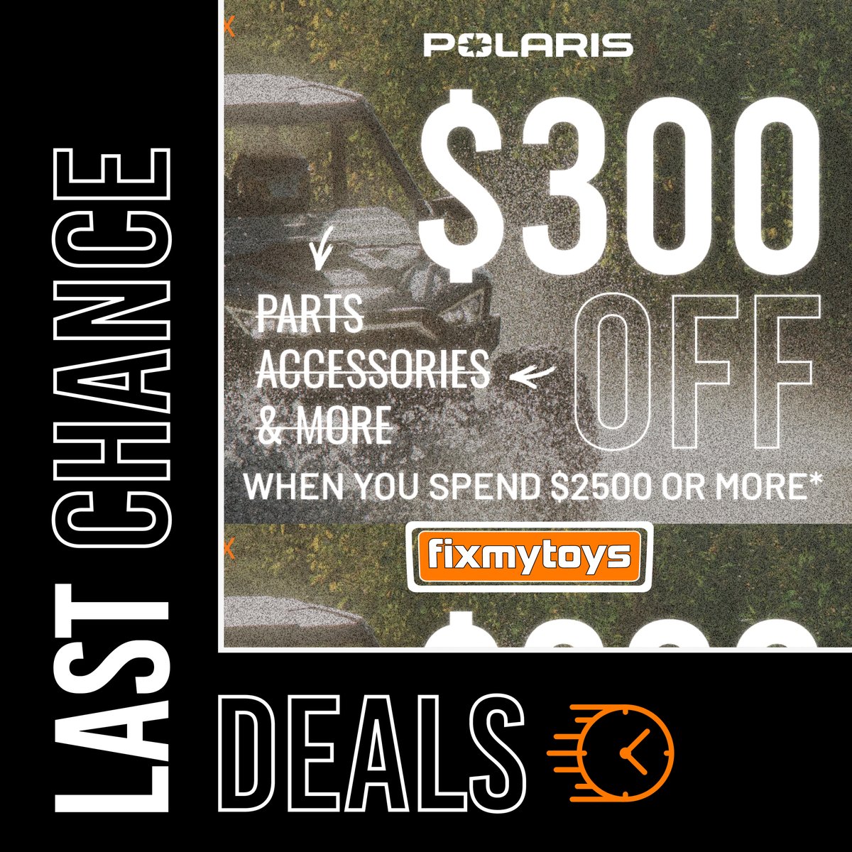 FixMyToys's tweet photo. Last Chance Deals! Get $300 Off of $2500 or more purchase on select Polaris products by using code "POL300" at checkout. Restrictions Apply, Limit One per customer. Offer ends 4.30.23
.
.
.
#fmt #polaris #UTV #ATV #offroad https://t.co/lOsLu3kq0P