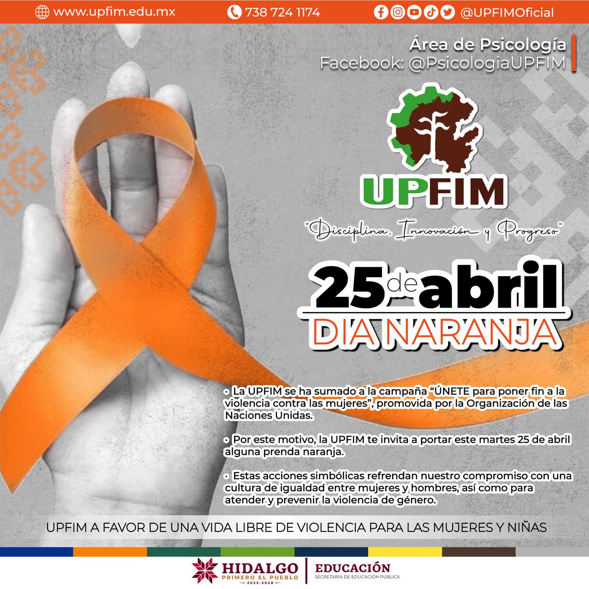 UPFIM_Oficial's tweet photo. La #UPFIM se suma al #DíaNaranja para fomentar la cultura de la no violencia contra las niñas y mujeres.

#DisciplinaInnovaciónYProgreso
#DíaNaranja https://t.co/DHAUOOd62r