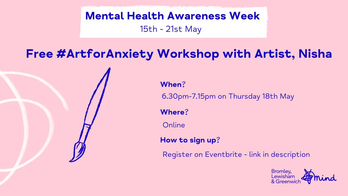selmindcharity's tweet photo. #MentalHealthAwarenessWeek is fast approaching!

This year, the week is about combating #anxiety, so we invite you to join us for a free online #ArtForAnxiety Workshop with Artist, Nisha🎨

Grab your place now 👇🏾 https://t.co/EPB9Nfeyfg

@BromleyWell @GreenwichHour #GreenwichHour https://t.co/FUzkY6zFVD