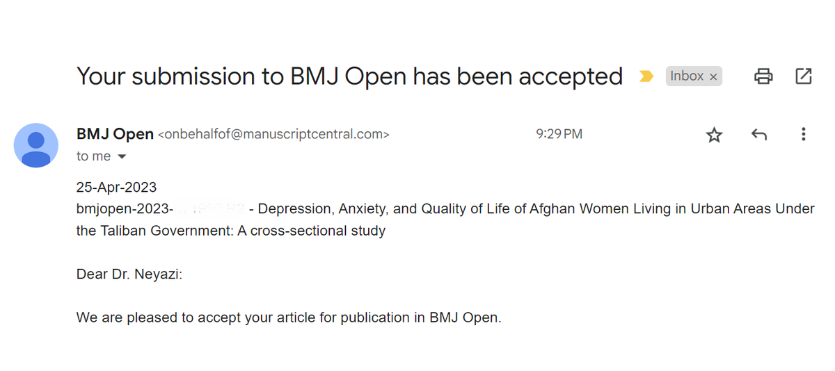 Paper #8 in 2023 - Accepted

Title: Depression, Anxiety, and Quality of Life of Afghan Women Living in Urban Areas Under the Taliban Government: A cross-sectional study

Journal: BMJ Open
Impact Factor: 3.007
CiteScore: 3.9

<a href="/aces_af/">Afghanistan Center for Epidemiological Studies</a> 

#Research #Health #Afghanistan #Women