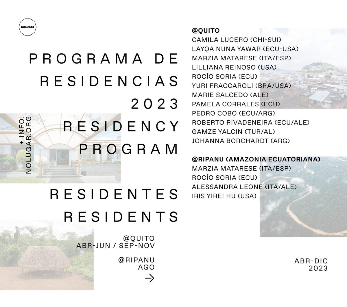 Compartimos la lista de residentes quienes formarán parte de nuestro programa 2023, a realizarse en la ciudad de Quito y en la comunidad de Ripanu (Amazonía Ecuatoriana).

El Programa de Residencias 2023 de No Lugar ya arrancó! Pronto más noticias!