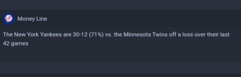 BobSportsBets's tweet photo. S/O to @OutlierDotBet
⚾ Yankees ml
#Gamblingtwitter #hadicapper #sportsbettor #gambler #mlb #MLBPicks
✳ Great Data and trends for every game https://t.co/ZJFbTjmLZE
