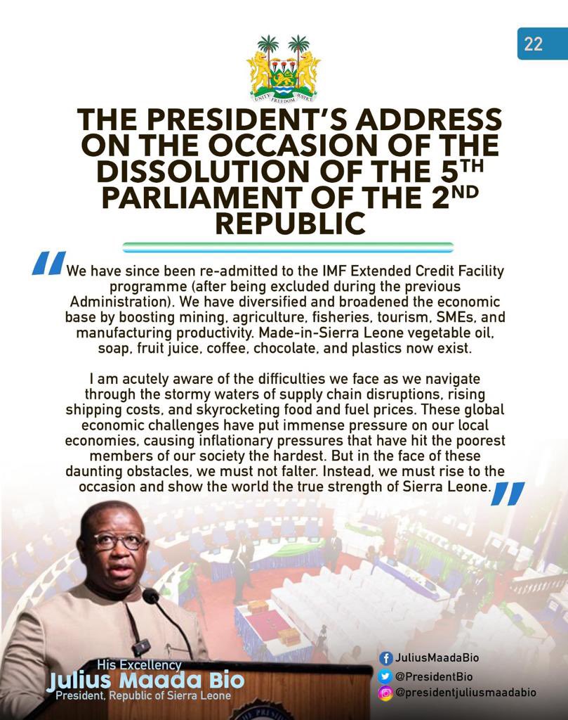 julius_maadabio's tweet photo. Excerpts of my Message on the Occasion of the Dissolution of the Fifth Parliament of the Second Republic of Sierra Leone: 25/04/2023
#TheNewDirectionAgenda
#SLPP4DEVELOPMENT
#5Done5MoreToGo https://t.co/qs2gJOVhxG
