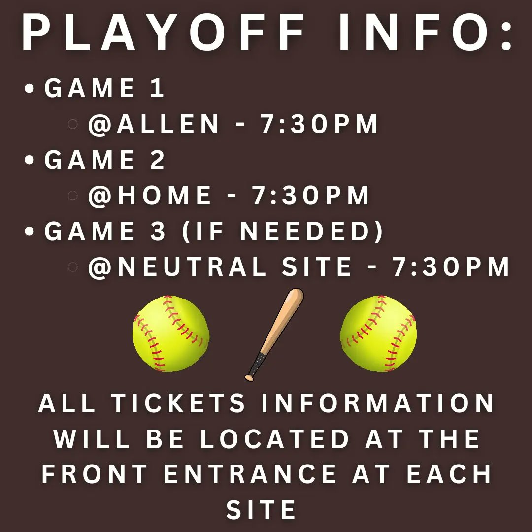 Our Softball team has made the playoffs! Come out and watch game 1 AT ALLEN as they compete for district champs on Thursday!