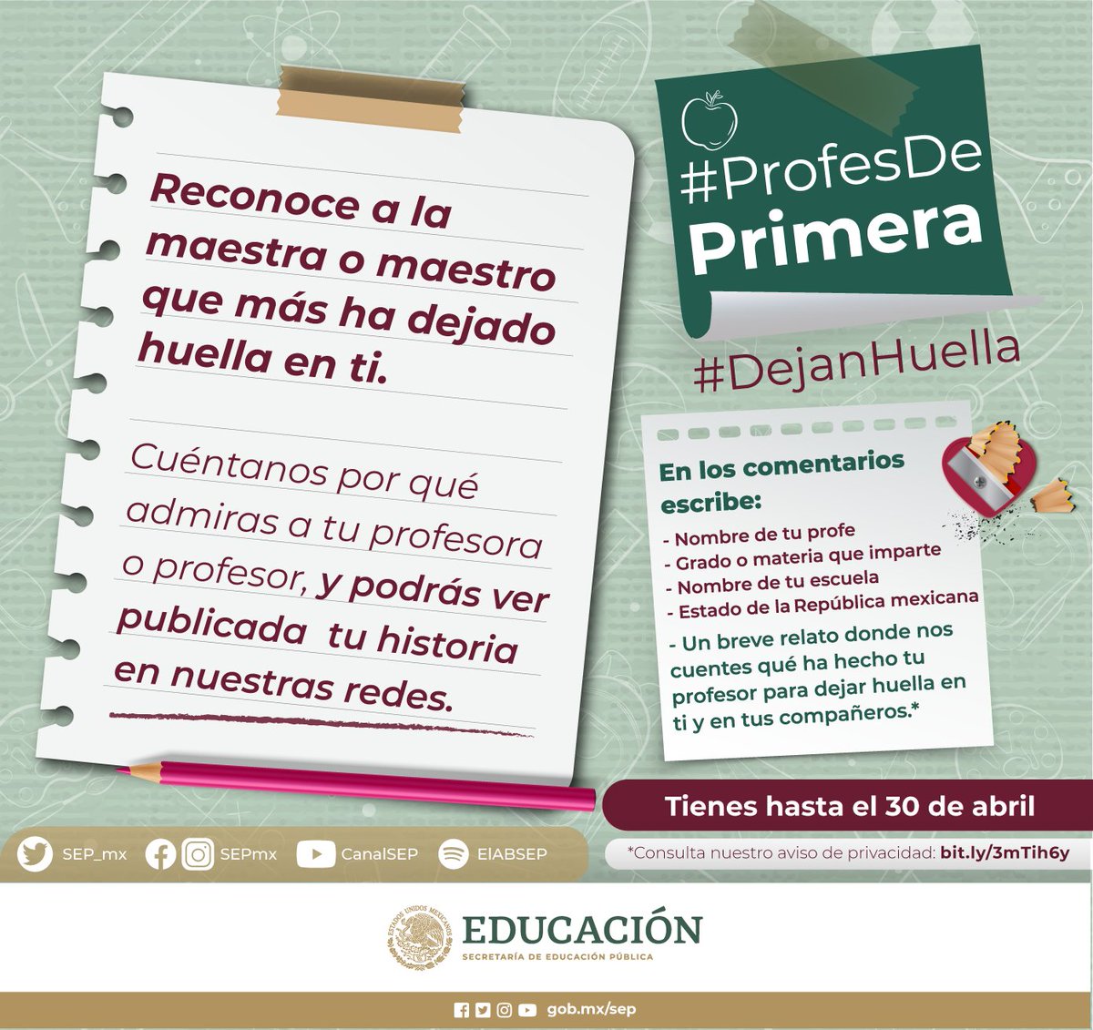 SEP_mx's tweet photo. ¿Recuerdas a tus #ProfesDePrimera?

👩‍🏫👨‍🏫Compártenos algún recuerdo de esos maestros o maestras que #DejanHuella

📱Las mejores anécdotas, serán publicadas a través de nuestras redes sociales.

🏃‍♀️¡Apresúrate, tienes hasta el 30 de abril https://t.co/oO3DEiOyHU