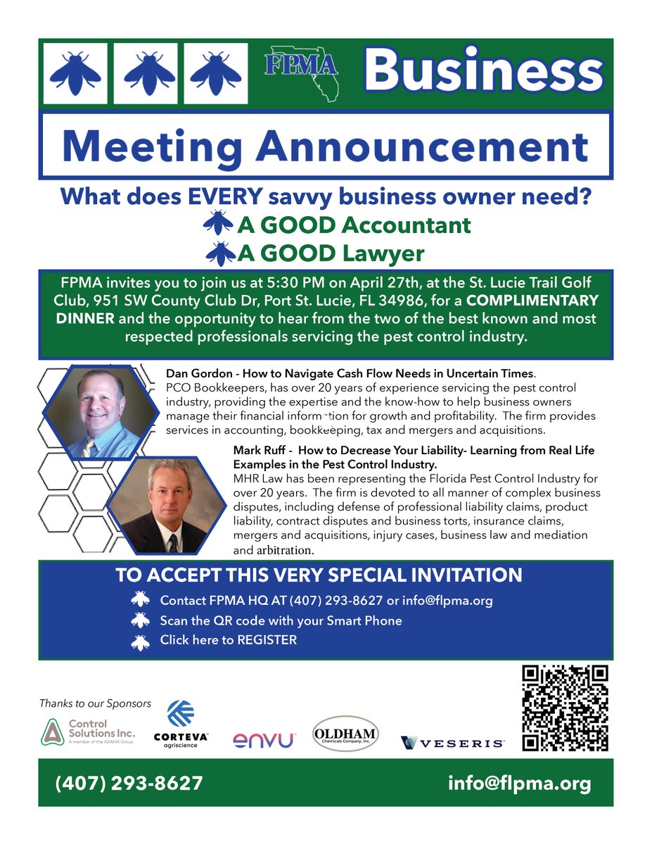 Dinner is on FPMA!
Hear Mark Ruff and Dan Gordon speak
To register for this very special event, scan the QR code with your smartphone or contact FPMA HQ at (407) 293-8627.