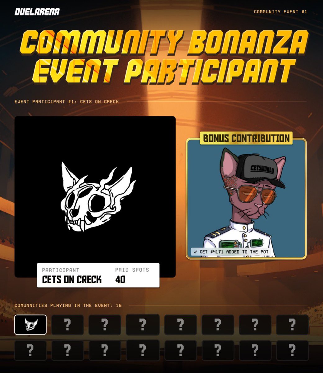Duel Arena (@duelarenasol) on Twitter photo We are happy to announce that we will be hosting the sickest community event the #Solana #NFT space has ever seen this sunday 17-23.59 UTC.
We have partnered with 15 different top projects in the space for our Community Bonanza.
First to be revealed: <a href="/CetsNFT/">Cets Community</a>
More below ๐ We are happy to announce that we will be hosting the sickest community event the #Solana #NFT space has ever seen this sunday 17-23.59 UTC.
We have partnered with 15 different top projects in the space for our Community Bonanza.
First to be revealed: <a href="/CetsNFT/">Cets Community</a>
More below ๐