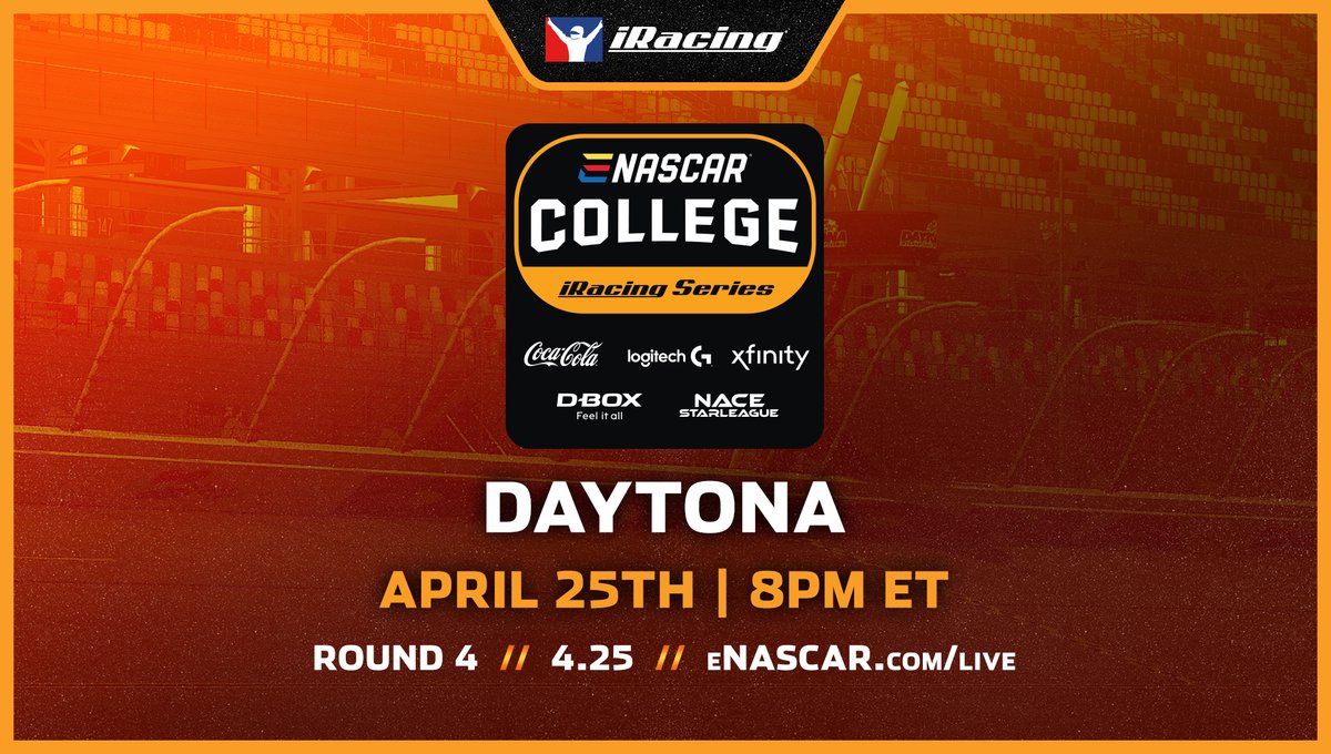DAYTONA's tweet photo. We’re racing (virtually) tonight!

The eNASCAR College @iRacing Series will be on the high banks for Round 4 of the 2023 Season. 

Don’t miss it at 8pm ET here:  https://t.co/Zrl3kQG4ZS https://t.co/K1izru3ymy