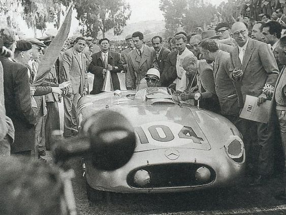 #TargaTuesday 1955
Winners Stirling Moss/Peter Collins No 104.,
 4mins 41 seconds ahead of Juan Manuel Fangio/Karl Kling