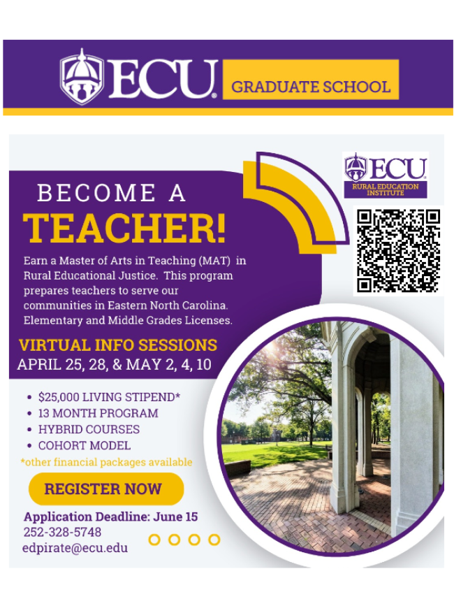Our first virtual info session for the edPIRATE MAT program goes live tonight at 6pm! Be sure to register for these sessions through the QR code or click on the link below: 
eastcarolina.my.salesforce-sites.com/events/targetX…