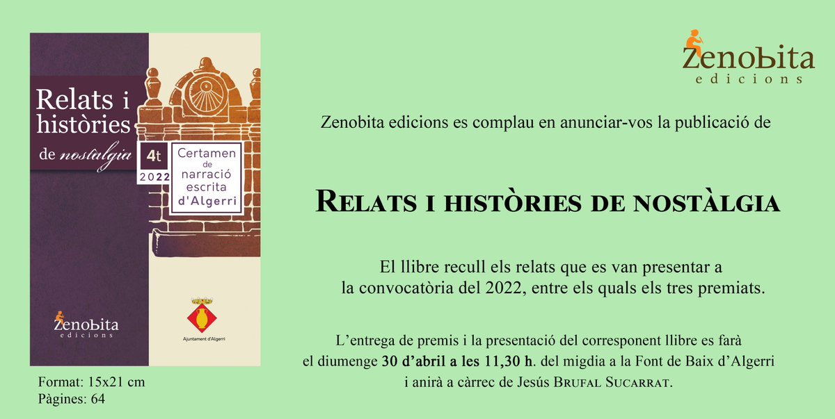 El diumenge 30 d'abril tindrà lloc l'entrega de premis del 4t certamen de narració escrita d'Algerri i la presentació del llibre ‘Relats i històries de nostàlgia’, amb els originals dels autors i autores que hi participaren radiobalaguer.cat/portal/112/ind…
