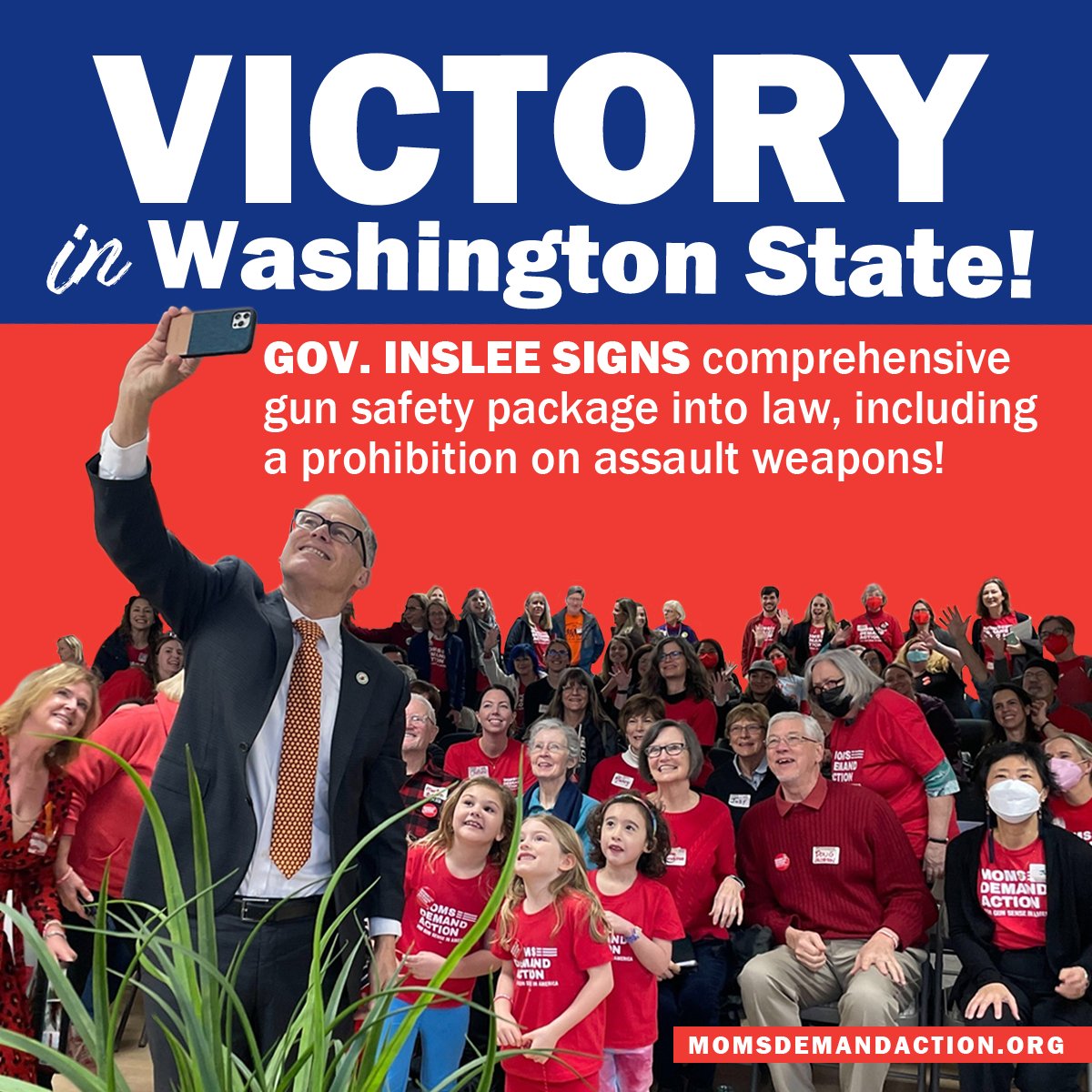 MomsDemand's tweet photo. VICTORY! Washington @GovInslee signed legislation into law that will prohibit the sale and manufacture of assault weapons, increase gun industry accountability, require waiting periods and safety training for all firearm purchases, and promote secure storage practices! #WAleg https://t.co/1MoyO7YnSC