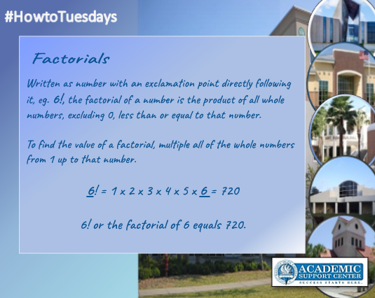 DSCASC's tweet photo. #howtoTuesdays  Factorials are useful in calculating how many different ways things can be combined in  permutations and combinations. Be sure to check our collection of tutorials and handouts you to help you clarify this and other concepts in Statistics. https://t.co/HBofH9S0c6 https://t.co/z4vaRWy4vk