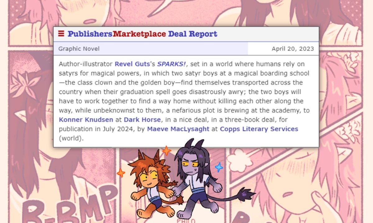 mmmlysaght's tweet photo. Satyrs! Magic! Boys in love/denial! Nefarious plots! I'm so excited to be able to talk about the print edition of @revelguts's webcomic, SPARKS! @PenBerzerker has been such a champion, I cant wait to see how cool these books are going to look in person 👹✨💖 https://t.co/WevmfzFFI3