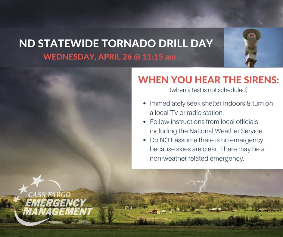 CassCountyND_EM's tweet photo. ND State-wide Tornado Drill TODAY, Wed. April 26 @ 11:15 am - Outdoor warning sirens will sound in Cass County for a 3 min test. What you should do:
 ✅ Review your emergency plans
 ✅ Practice sheltering
 ✅ Have multiple ways to receive emergency alerts. https://t.co/fEUTEgZYPw