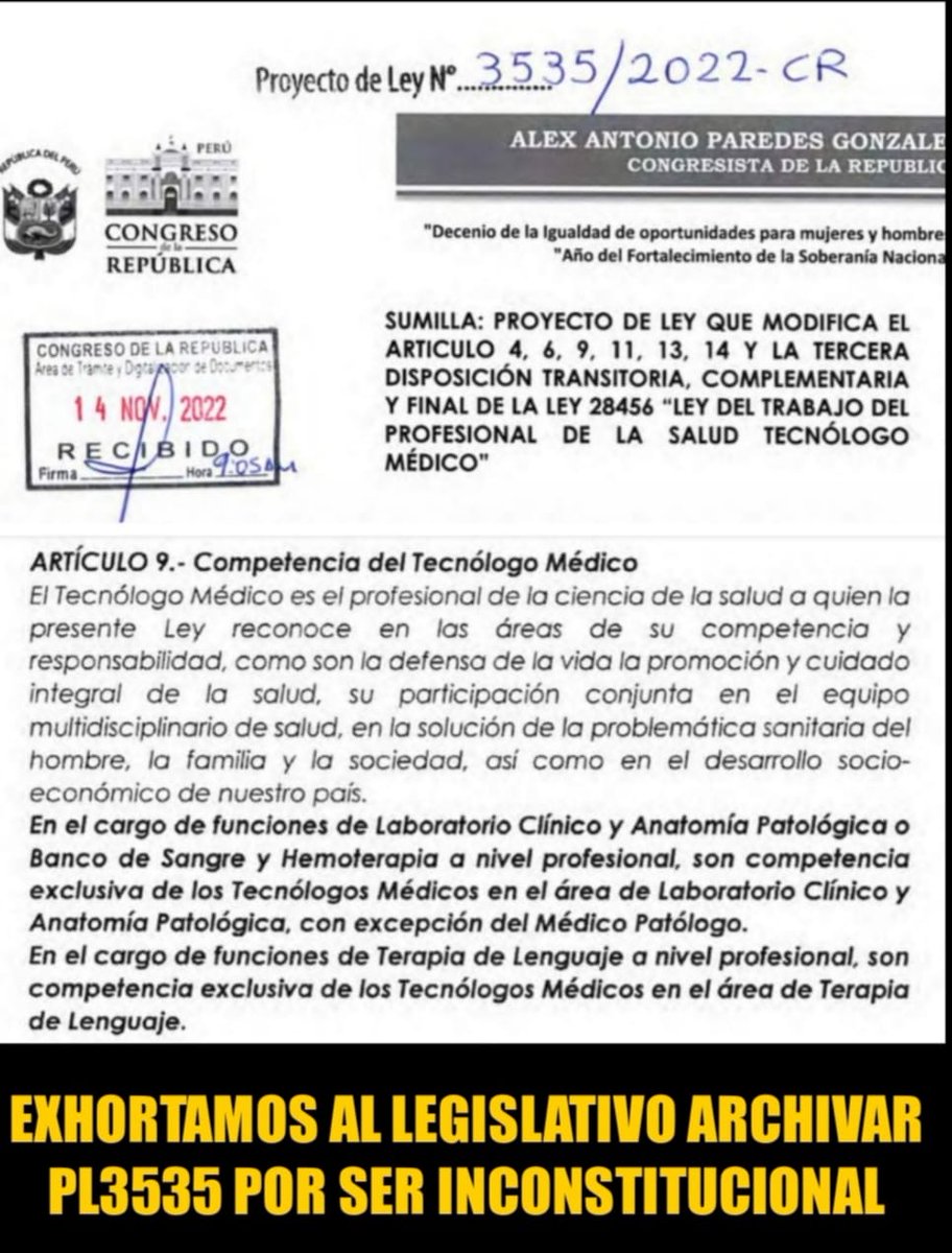 FatimaDelRHL's tweet photo. Los @Cbiologosperu exhortamos al @congresoperu #ARCHIVAR PL3535 por ATENTAR contra la Ley General de la Salud, al pretender #EXCLUSIVIDAD y ejercicio ilegal de la medicina. @jwilliamszapata @rosangellabr @VictorFloresfp @NoeliaCallao
#LegislativoAlerta
#PL3535NOVA https://t.co/4iNnQfJXzX