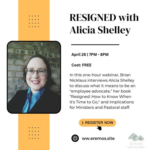 I can't wait until Friday night! We'll be talking about my book, "Resigned: How to Know When It's Time to Go" and how the principles might apply to clergy and church staff.
 
eremos.community/spaces/1101320…

You will need to create a profile in the Eremos online community, but it's free!