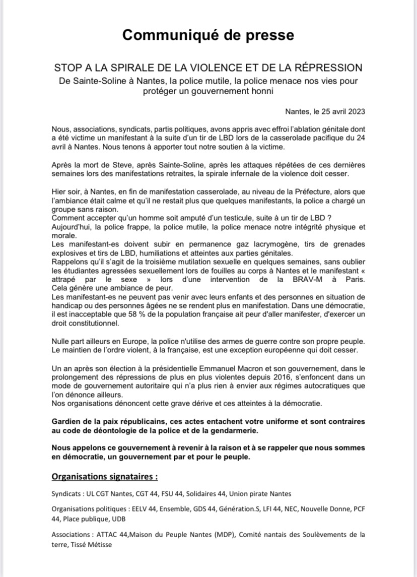 ulcgtnantes's tweet photo. #Nantes, STOP A LA SPIRALE DE LA VIOLENCE ET DE LA RÉPRESSION, https://t.co/rnUyDTLVBC https://t.co/UJlg5DPl1k