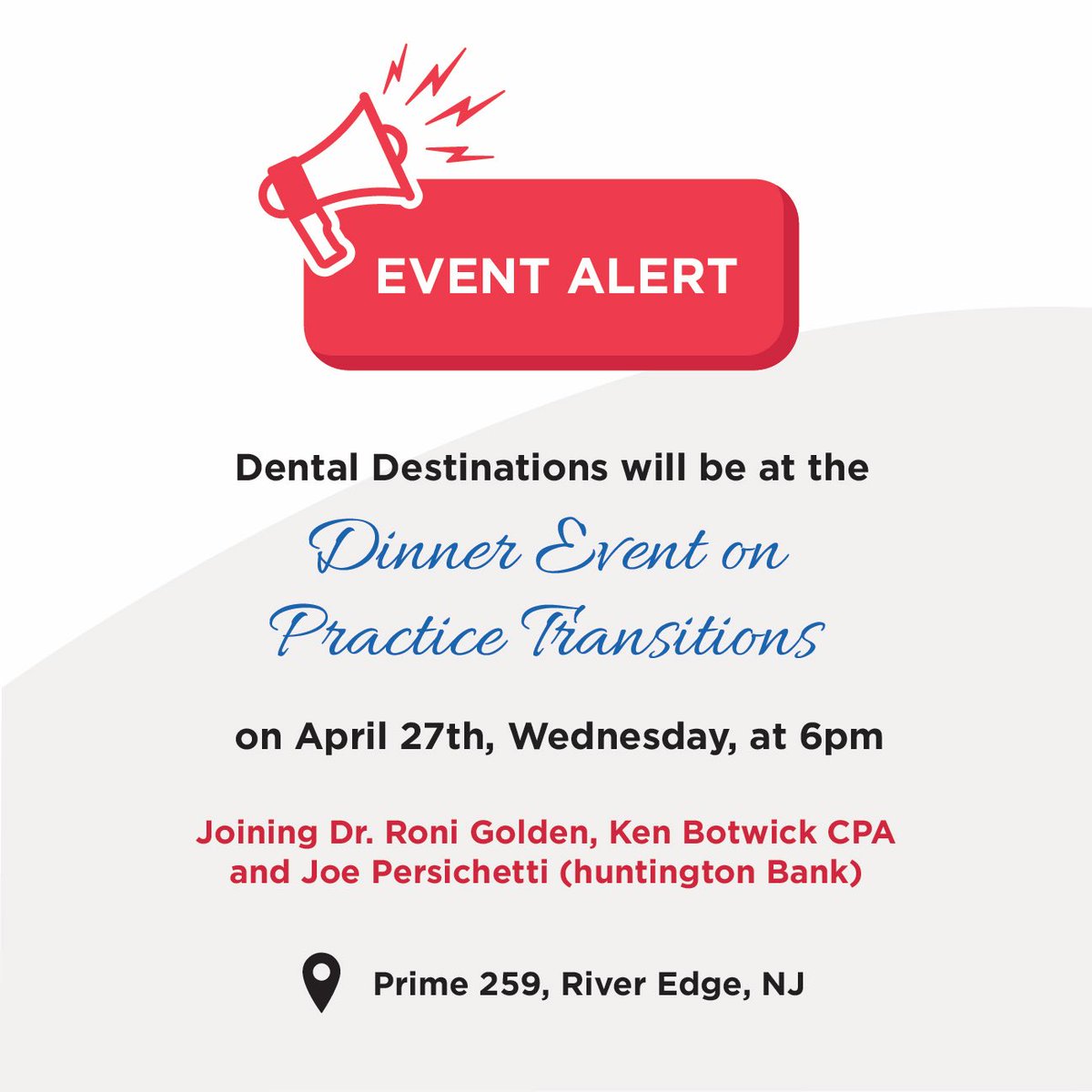 DentDest's tweet image. Dental Destinations is thrilled to be attending the Dinner event on Practice Transitions🦷

Looking forward to a great evening filled with valuable insights from Dr. Roni Golden, Ken Botwick CPA and Joe Persichetti. 👨‍⚕️

#implanttreatment #practicetransitions #dentaldestinations